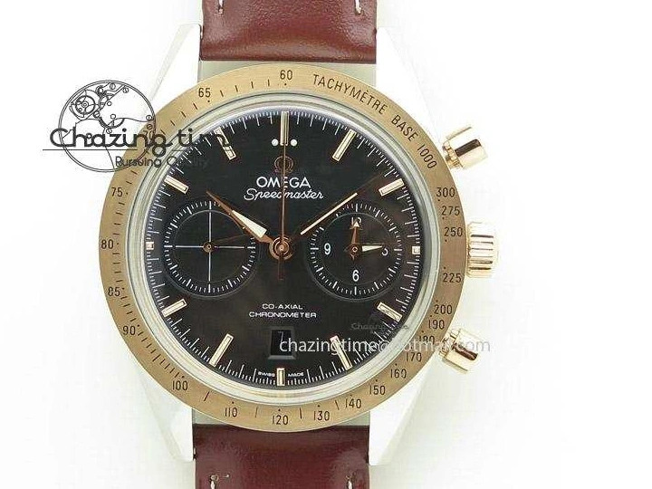 0205 Speedmaster ’57 SS Chrono AXF Best Edition RG Bezel Black Dial on Brown Leather Strap A Sustainable 8282